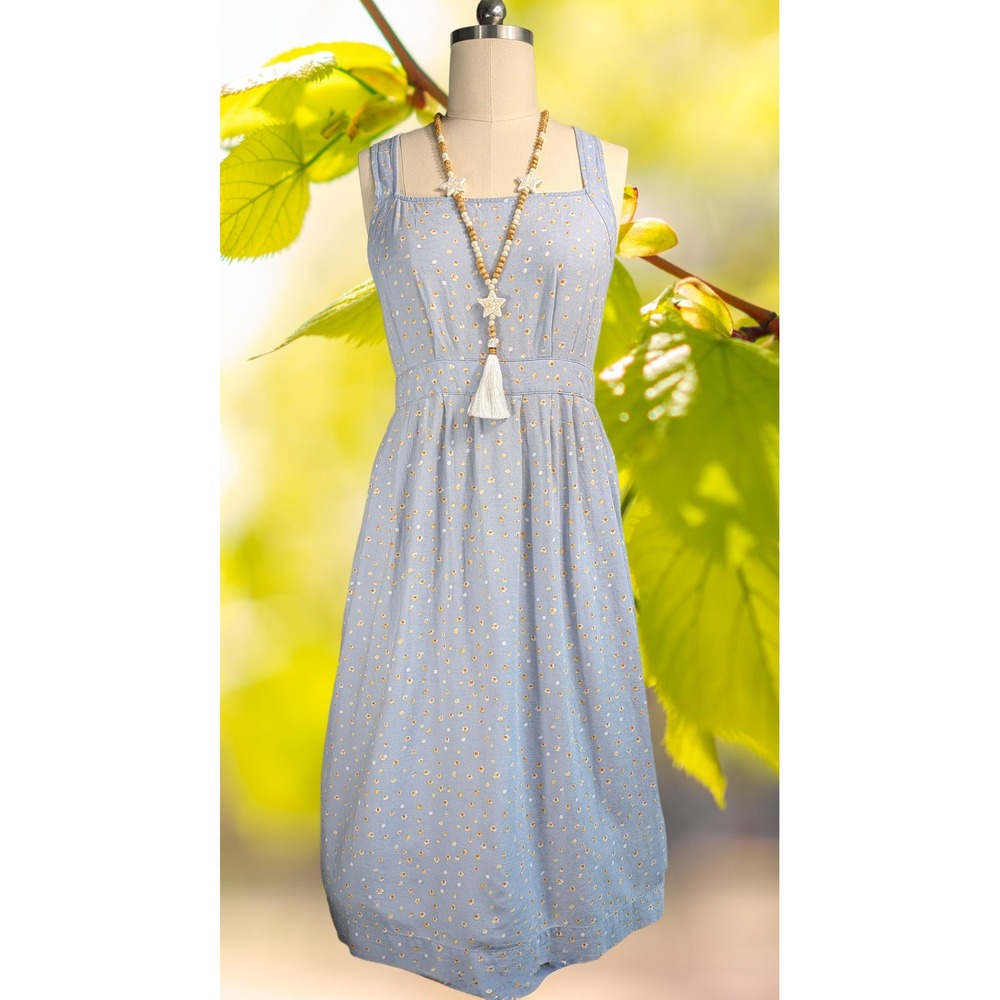 a.n.a Milkmaid dress Cotton Linen blend Blue Floral Square Neck Side Buttons XXL